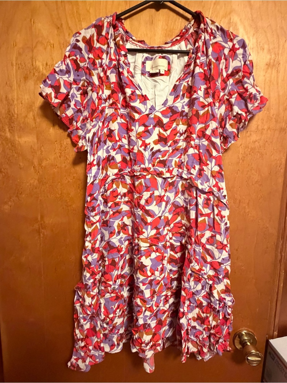 Anthropologie Red, Lavender & Brown Floral Short Sleeve Dress